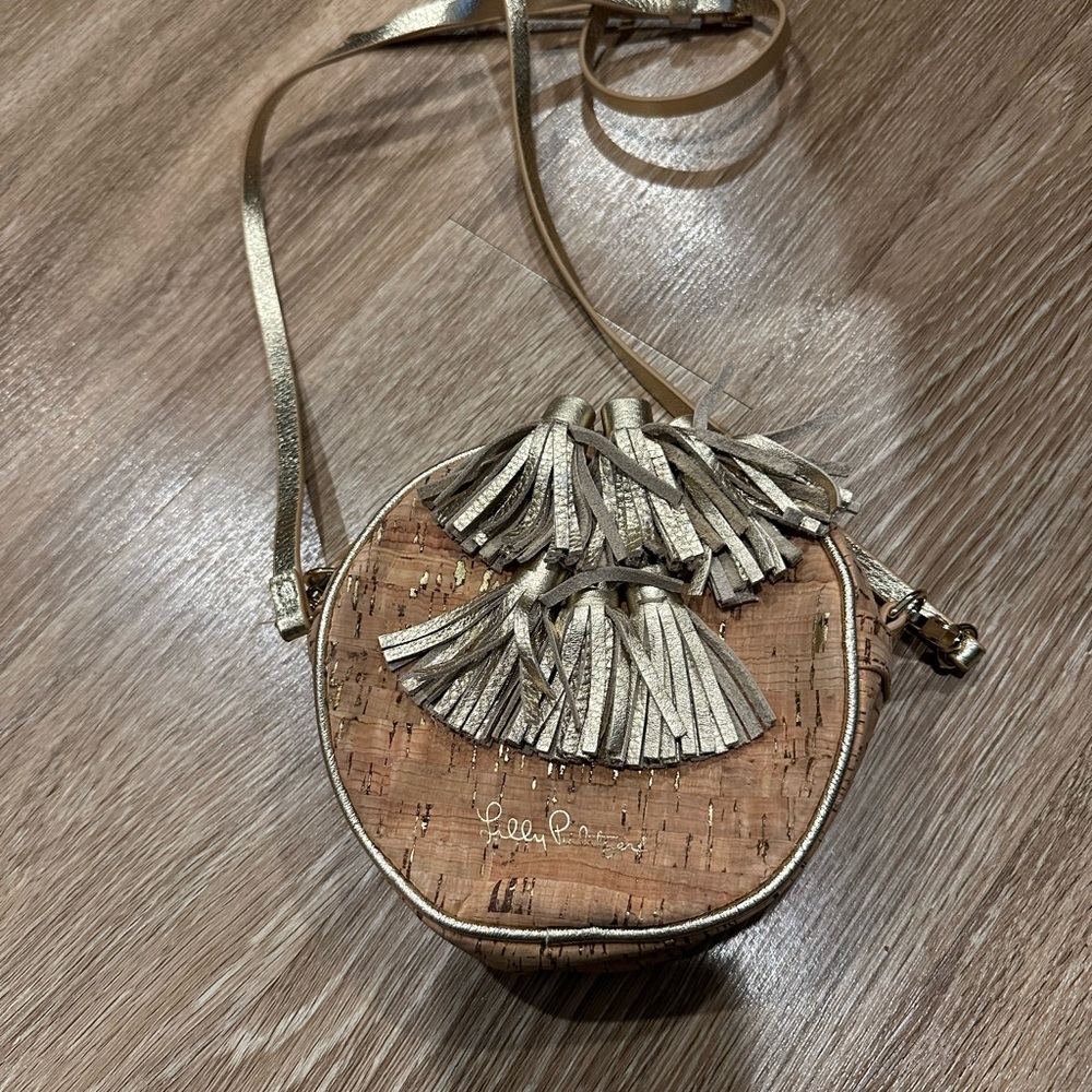 Lilly Pulitzer Gold and Tan Crossbody Bag with Tassels